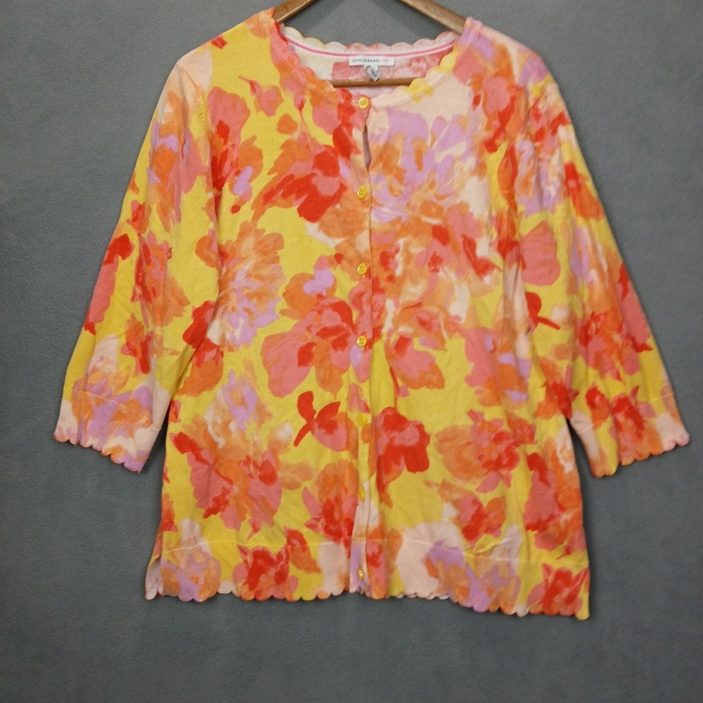 Isaac Mizrahi Live Cardigan Sweater Women Large Yellow Pink Floral Scalloped Hem
